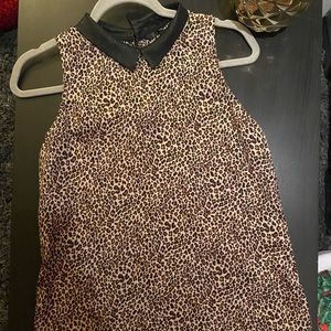 Cheetah Print Faux Leather Collar Sleeveless Shirt